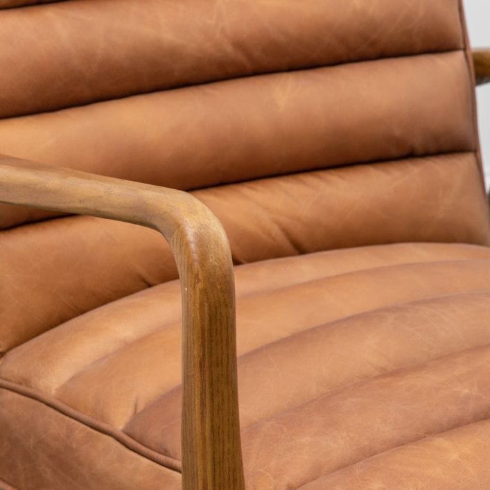 Marcus vintage brown leather armchair with stitching detail and solid wood frame | MalletandPlane.com