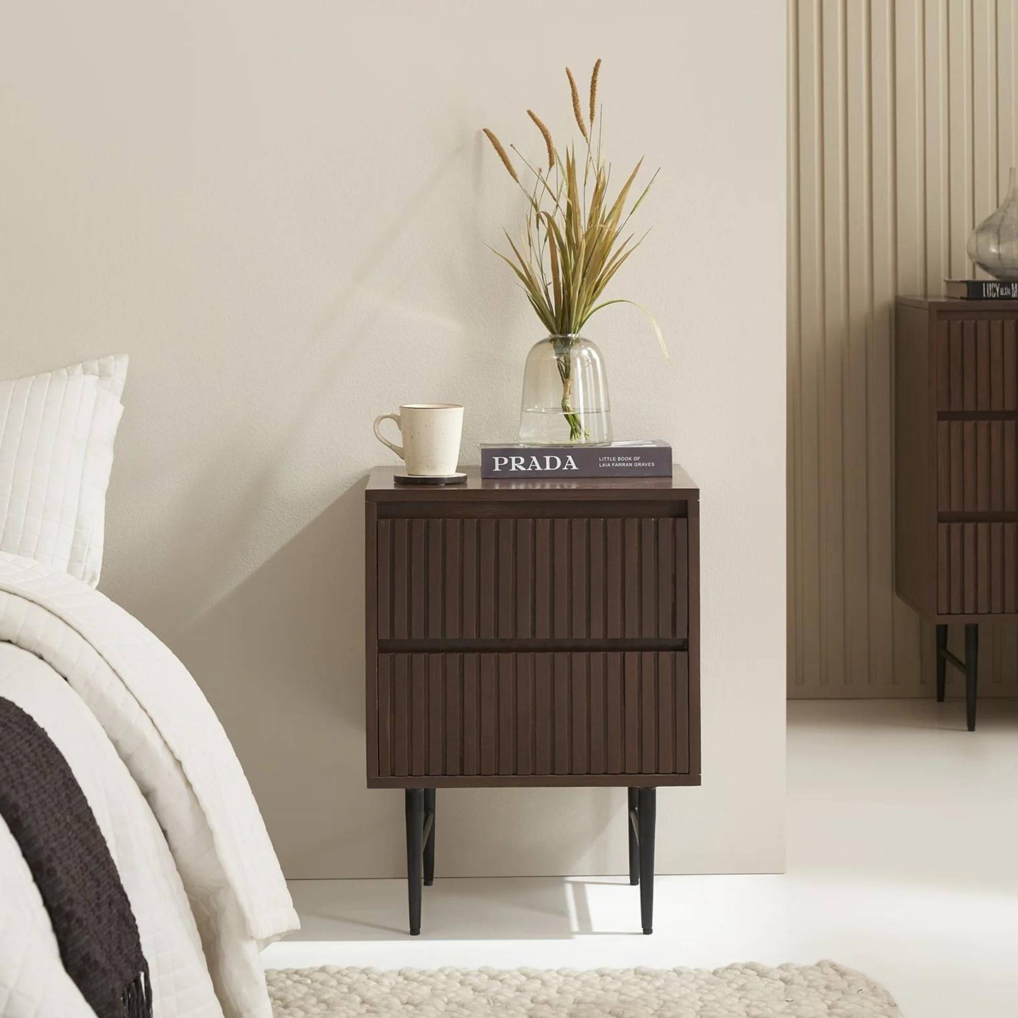 Industrial Dark Walnut Maxim Solid Wood Bedside Table | malletandplane.com