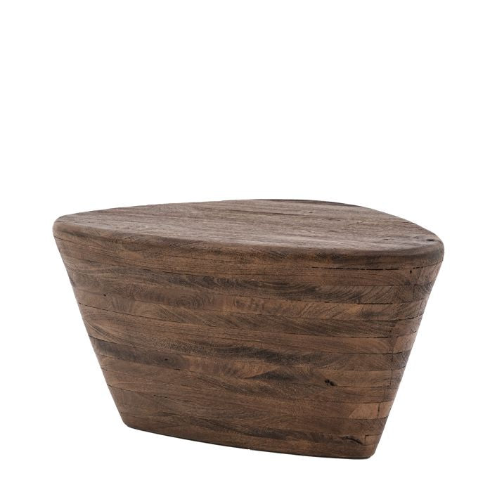 Jake triangle shaped mango wood side table in dark wood finish | malletandplane.com