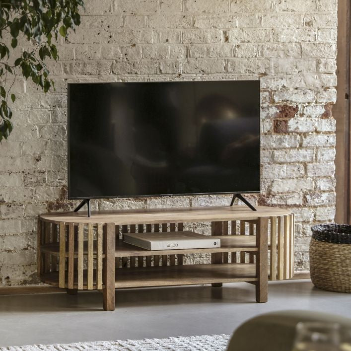 Nelson solid mango wood slatted TV stand with storage | malletandplane.com