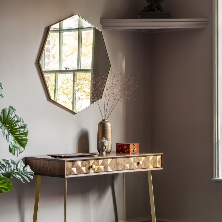 Fitz 800mm Octagonal Wall Mirror with metal frame in black, champagne gold or silver | MalletandPlane.com