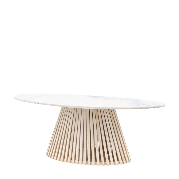 Compton marble top oval dining table with solid mango slatted base | malletandplane.com