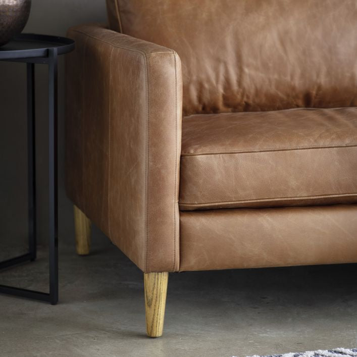 Granville 3 seat sofa in vintage brown top grain leather upholstery with ash legs | malletandplane.com