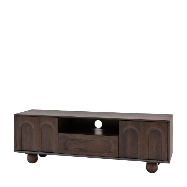 Paolo solid mango wood TV Stand in deep walnut finish | malletandplane.com