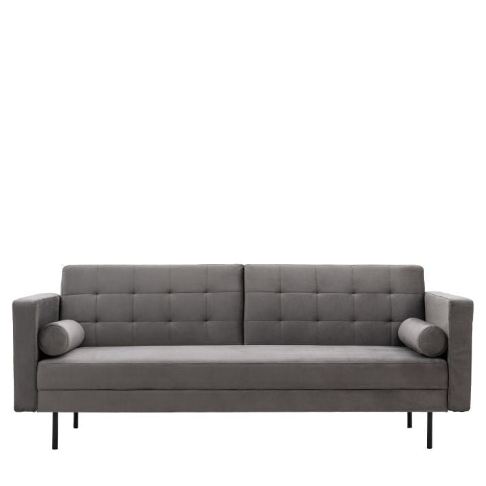 Greg click clack sofa bed with bolster cushions in Grey or Bottle Green fabric upholstery | malletandplane.com