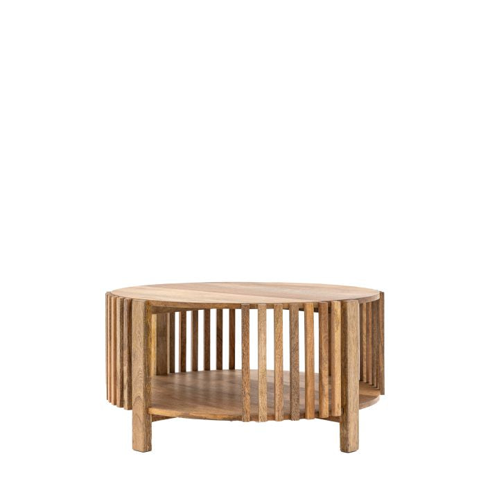 Nelson solid mango wood slatted round coffee table with storage | malletandplane.com