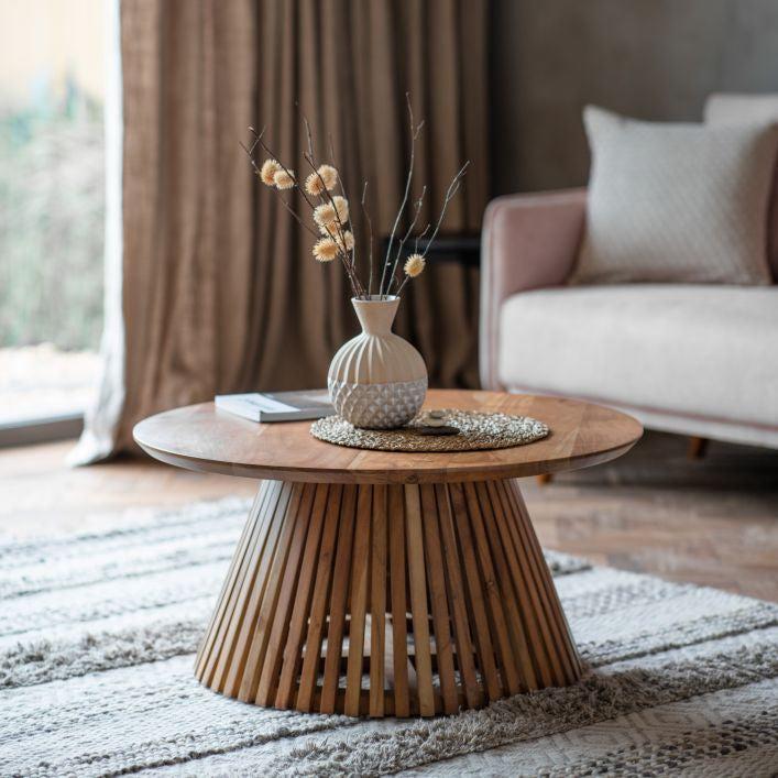 Regan solid acacia wood slatted 800mm round coffee table | malletandplane.com