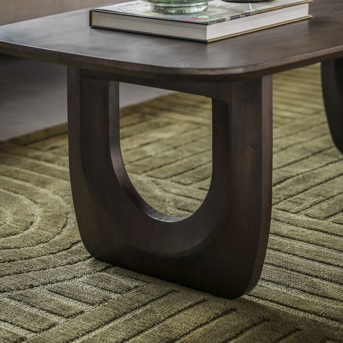 Paolo solid mango wood coffee table in deep walnut finish | malletandplane.com