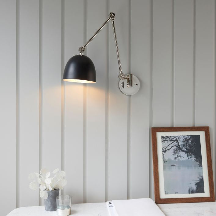 Geiger adjustable wall light in polished nickel and matt black | MalletandPlane.com