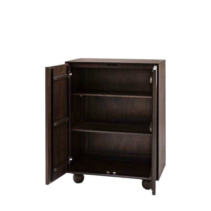 Paolo solid mango wood 2 door cupboard in deep walnut finish | malletandplane.com