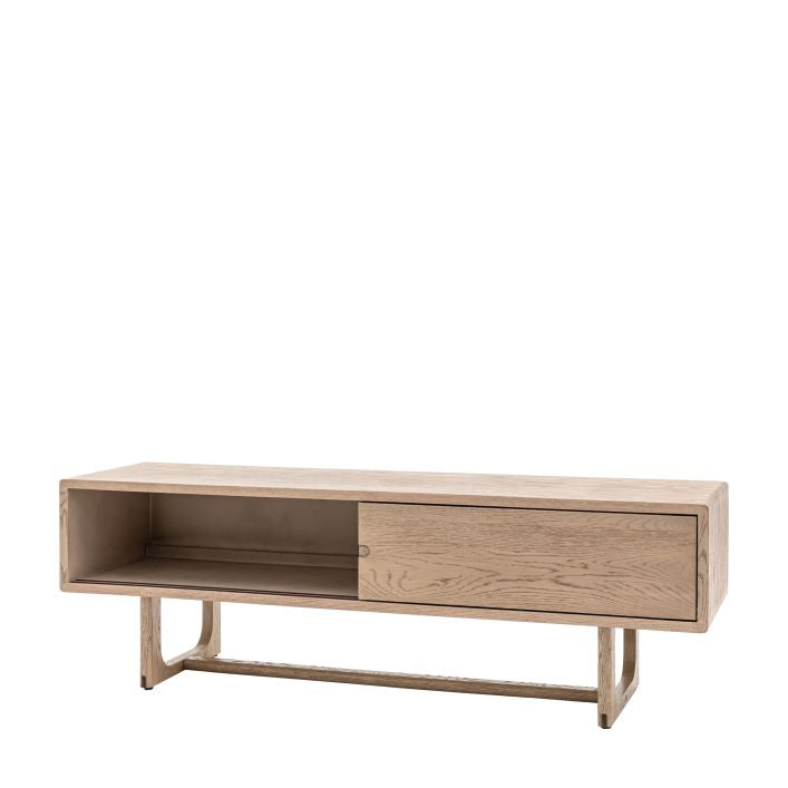 Artisan smoked oak TV stand with 2 sliding doors and featuring cut out handles | malletandplane.com