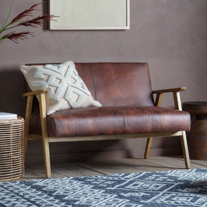 Barret mid century style 2 seat sofa in vintage brown leather with solid ash frame | MalletandPlane.com