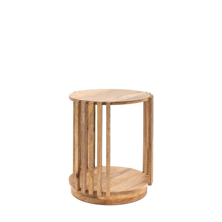 Nelson solid mango wood slatted round side table with storage | malletandplane.com