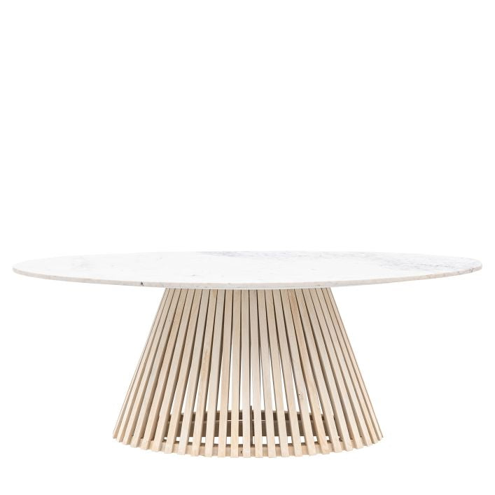 Compton marble top oval dining table with solid mango slatted base | malletandplane.com