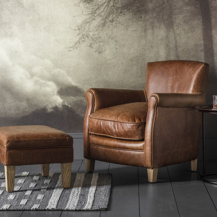 Sir Alfred vintage top grain brown leather armchair with ash feet | MalletandPlane.com