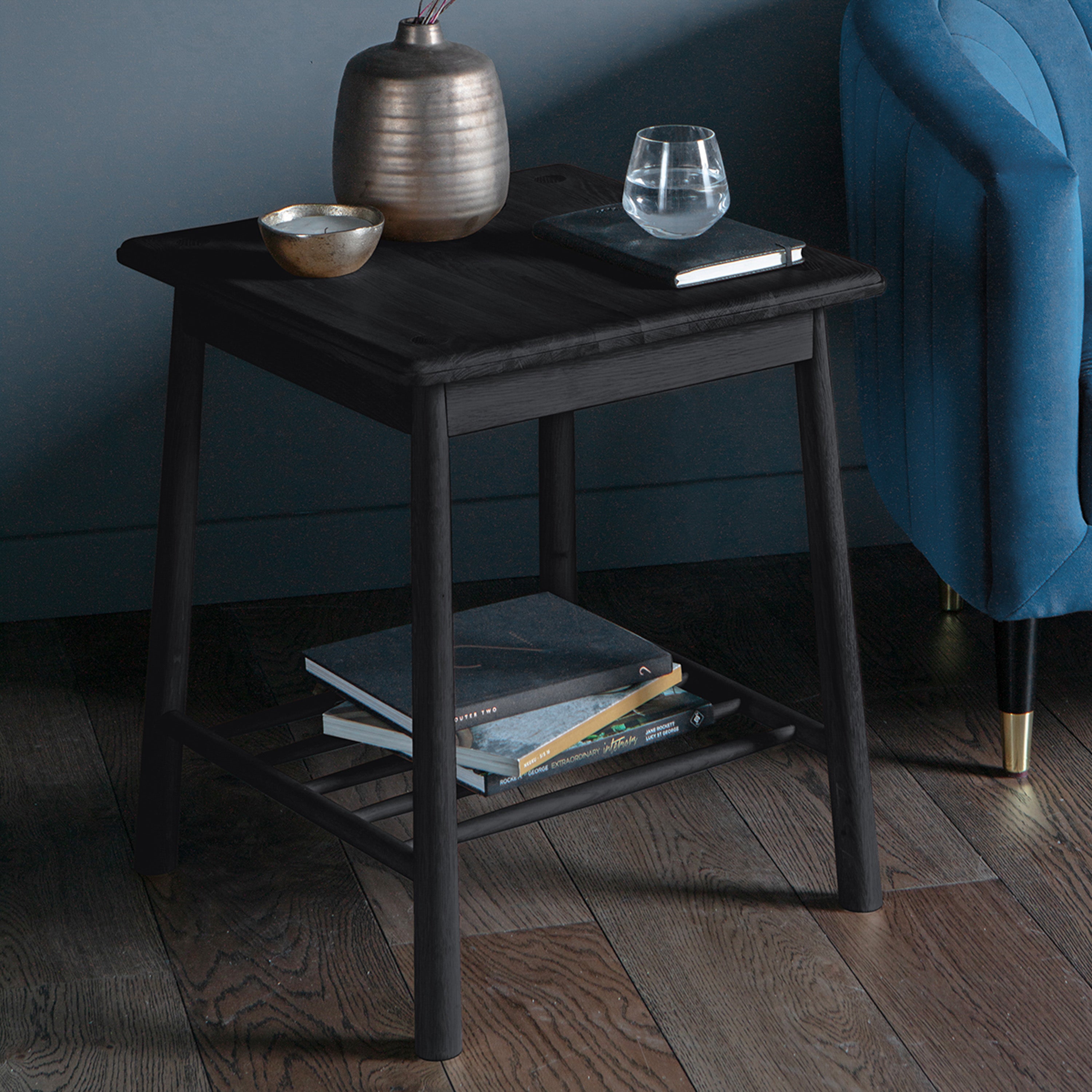 AXEL Nordic side table in black with spindle lower shelf | MalletandPlane.com