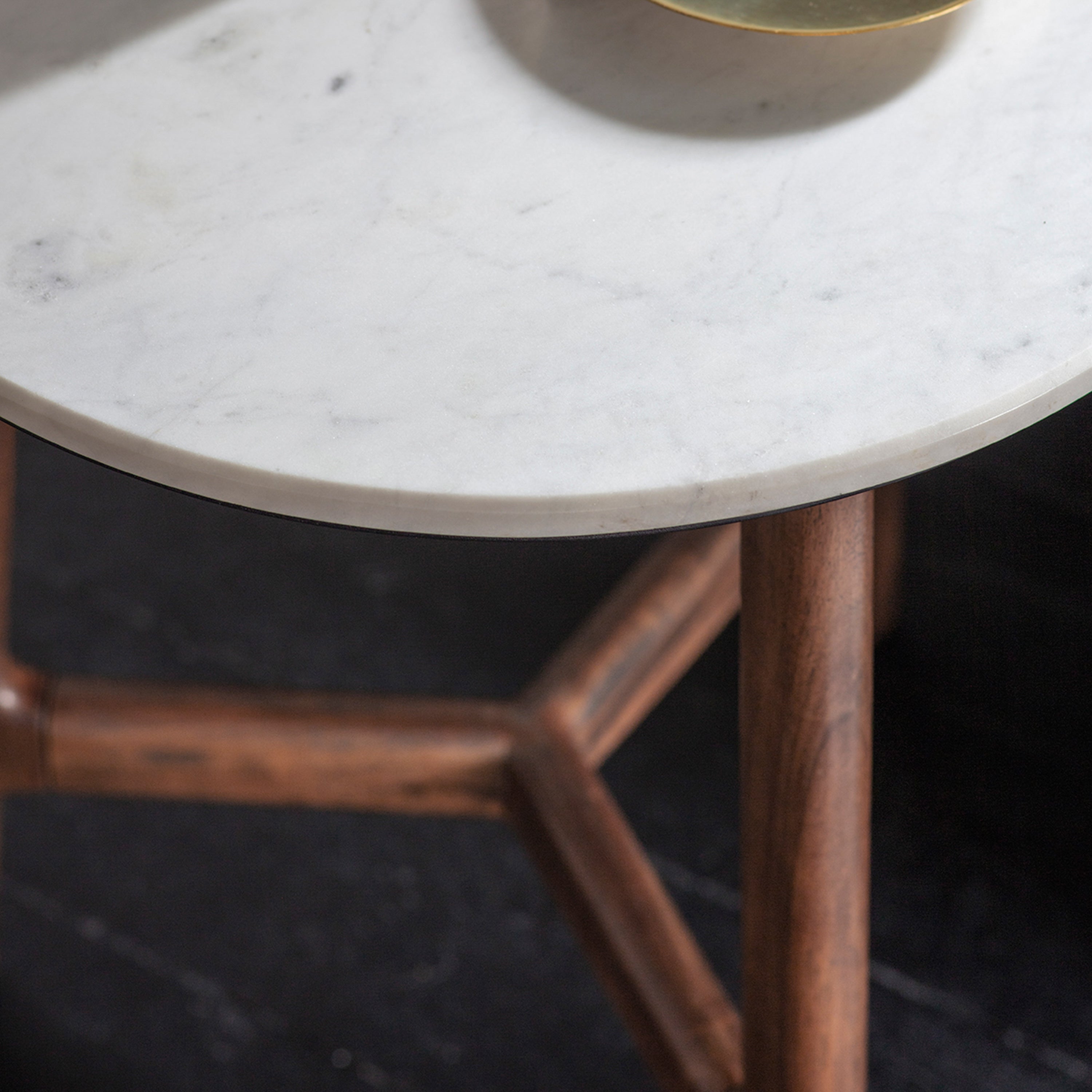 Fresca acacia wood side table in rich walnut finish with marble top | MalletandPlane.com