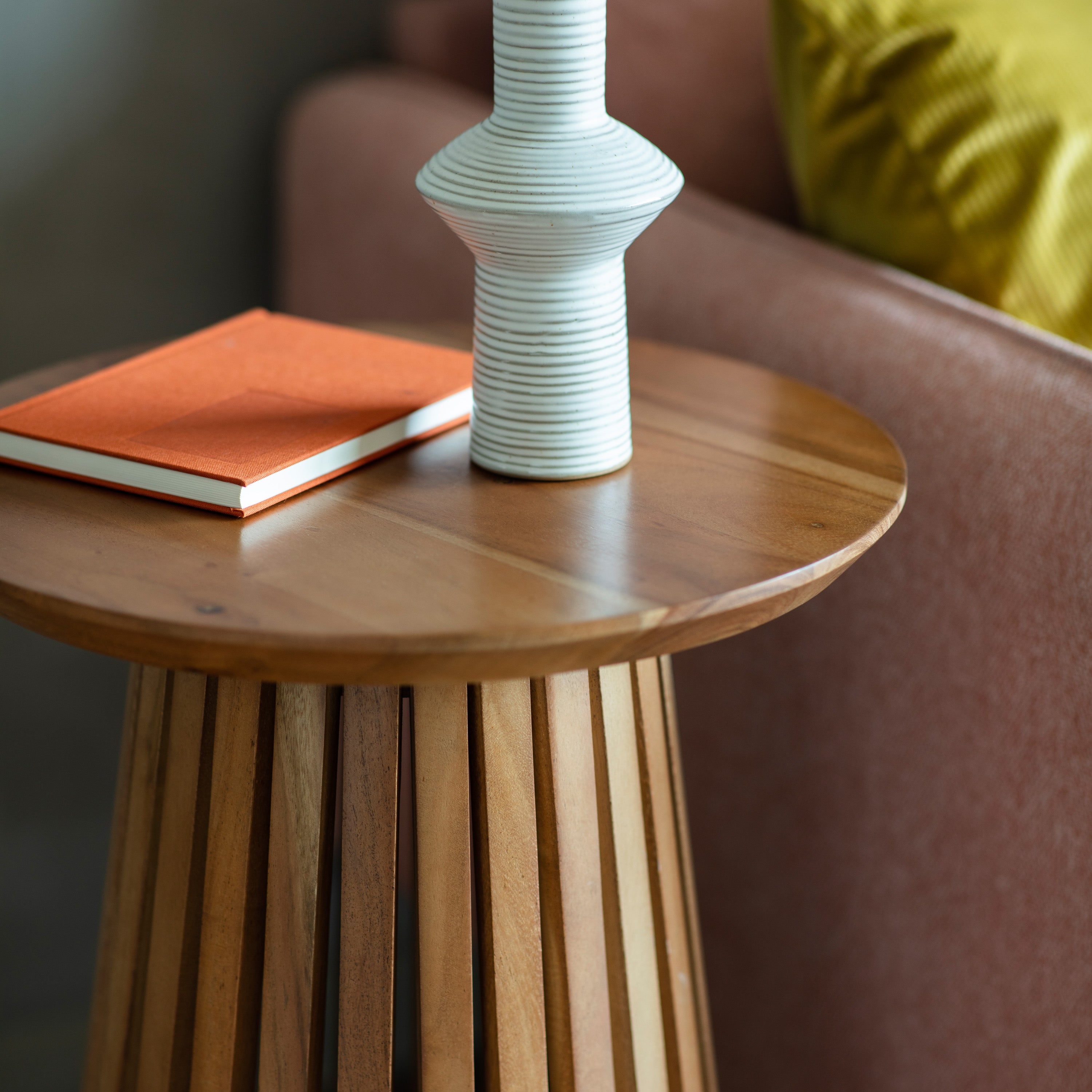 REGAN acacia wood slatted side table in natural wood finish | MalletandPlane.com