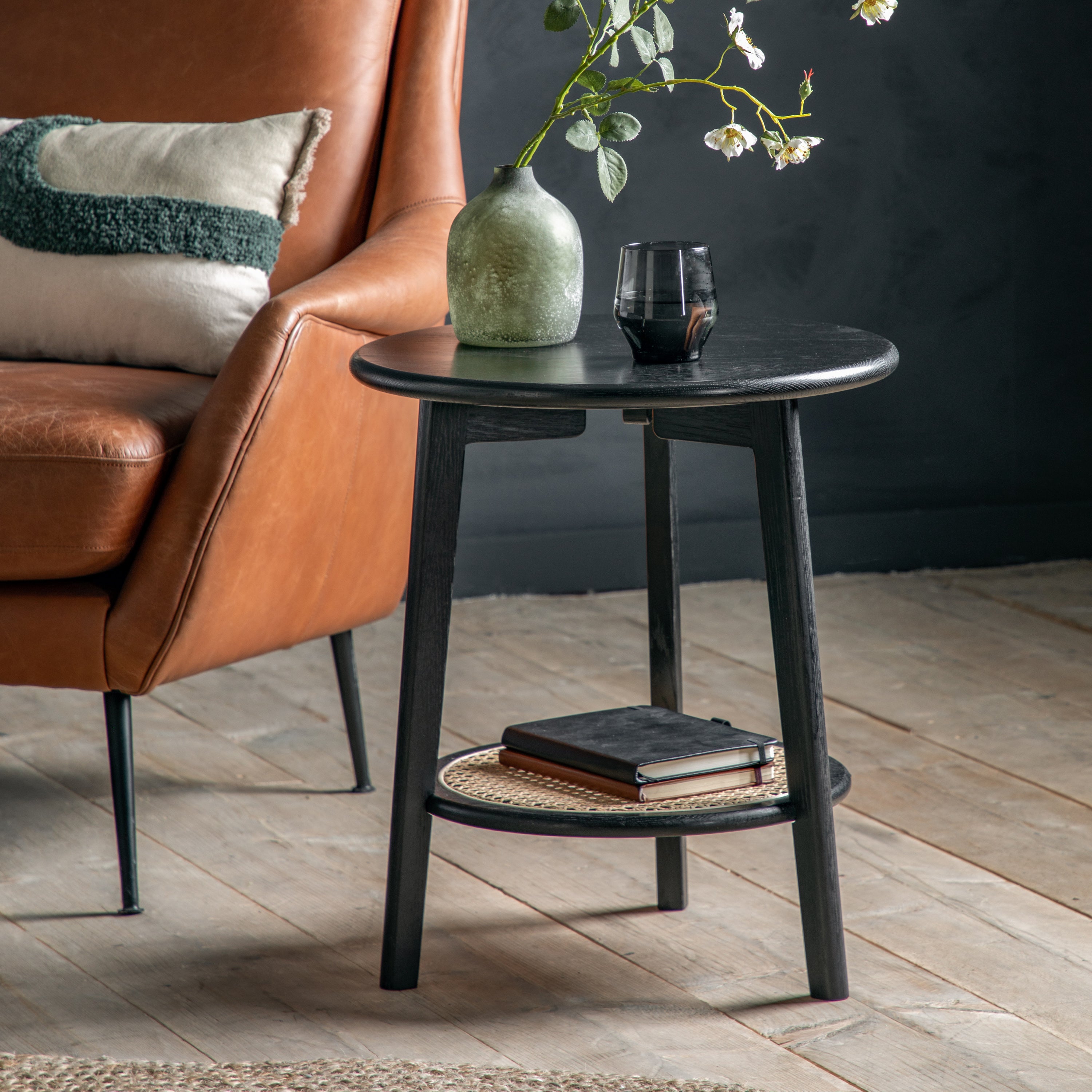 Hoxton round bedside table with rattan shelf | MalletandPlane.com