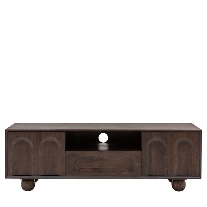 Paolo solid mango wood TV Stand in deep walnut finish | malletandplane.com