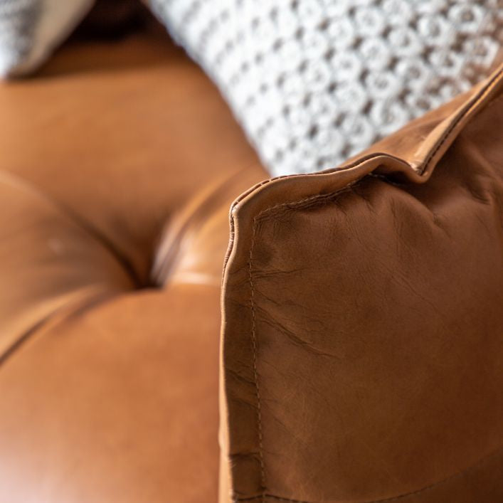 Chase 3 seat sofa in vintage brown leather with deep buttoned detailing and solid ash base and legs | MalletandPlane.com