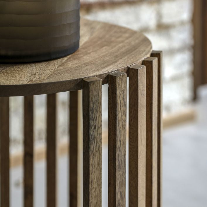 Nelson solid mango wood slatted round side table with storage | malletandplane.com