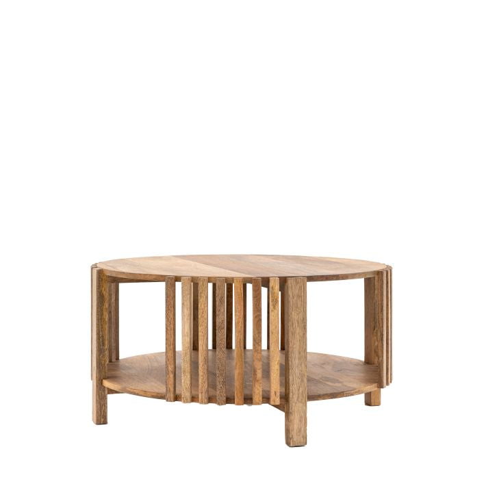 Nelson solid mango wood slatted round coffee table with storage | malletandplane.com