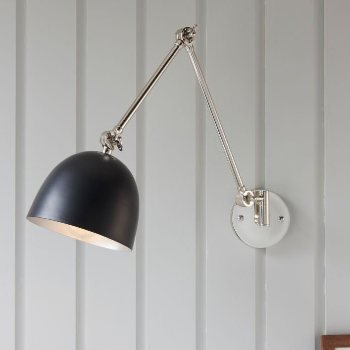 Geiger adjustable wall light in polished nickel and matt black | MalletandPlane.com