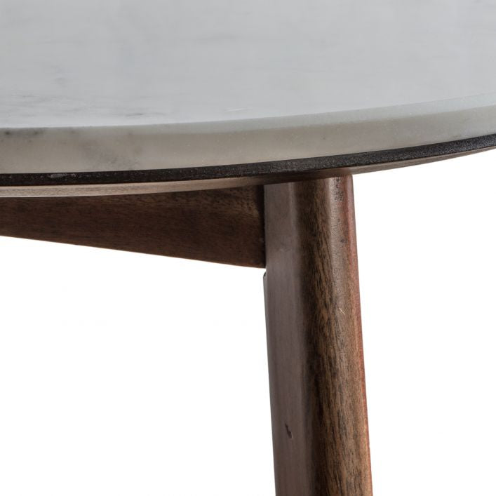 Fresca acacia wood side table in rich walnut finish with marble top | MalletandPlane.com