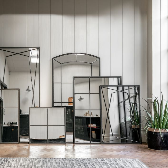 Bermondsey 12 pane industrial style large mirror with black frame | malletandplane.com