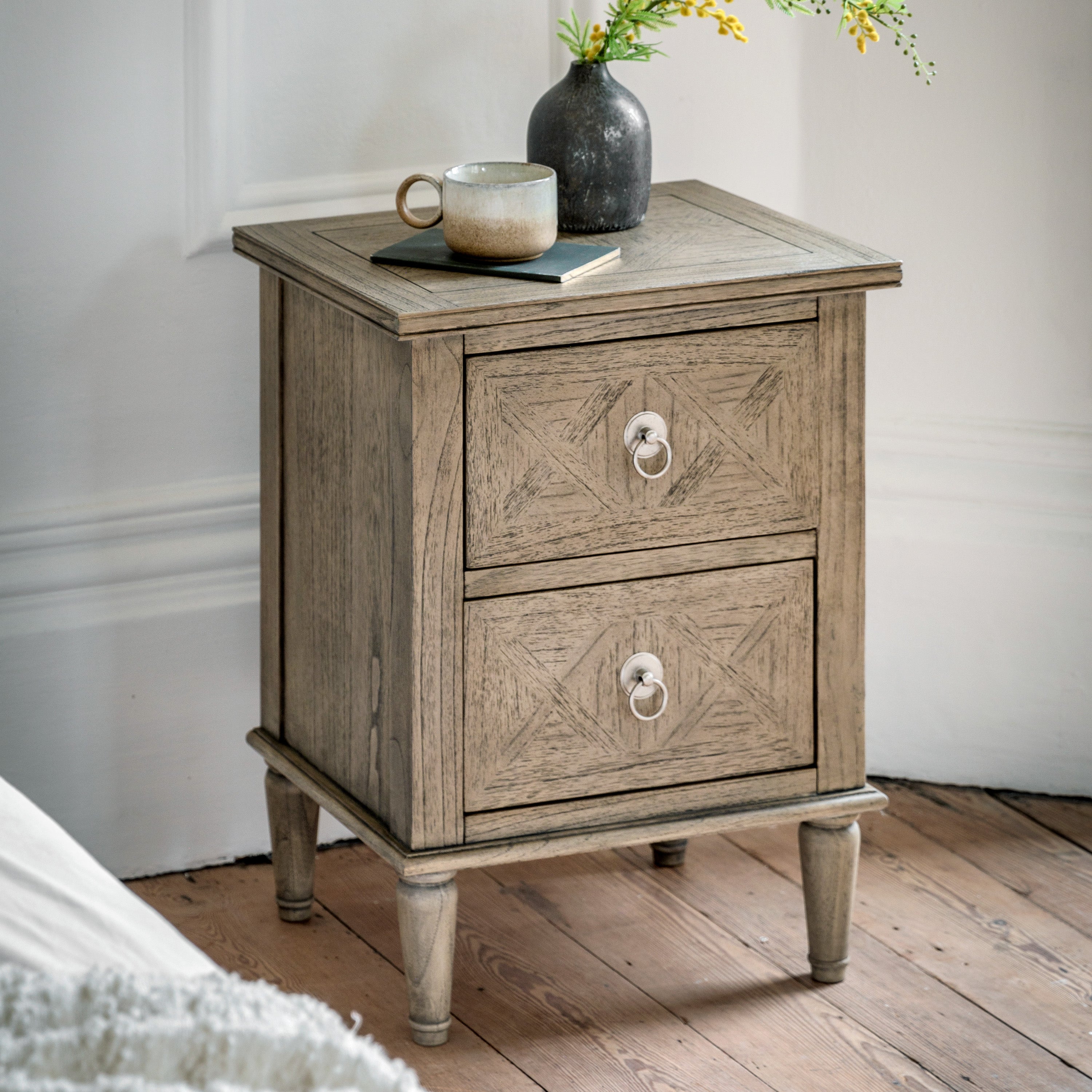 Yarrow Natural 2 Drawer Bedside Table - detail and lifestyle view 2