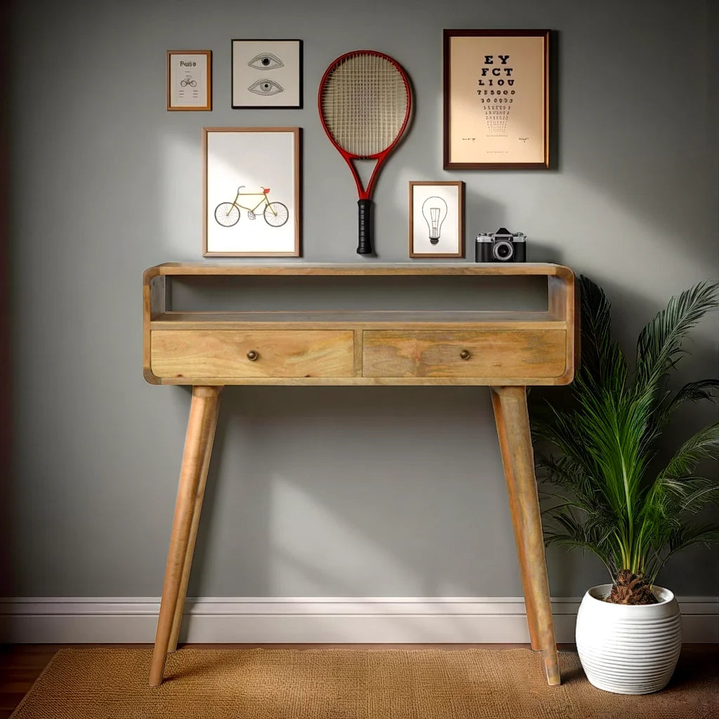 Modal handmade solid wood console table with drawers and open storage shelf in oak-ish finish | malletandplane.com