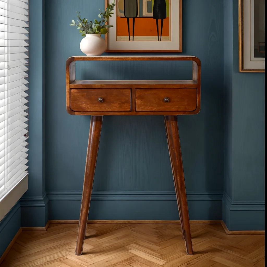 Century Handmade solid wood 2 drawer small console table in deep chestnut finish | malletandplane.com