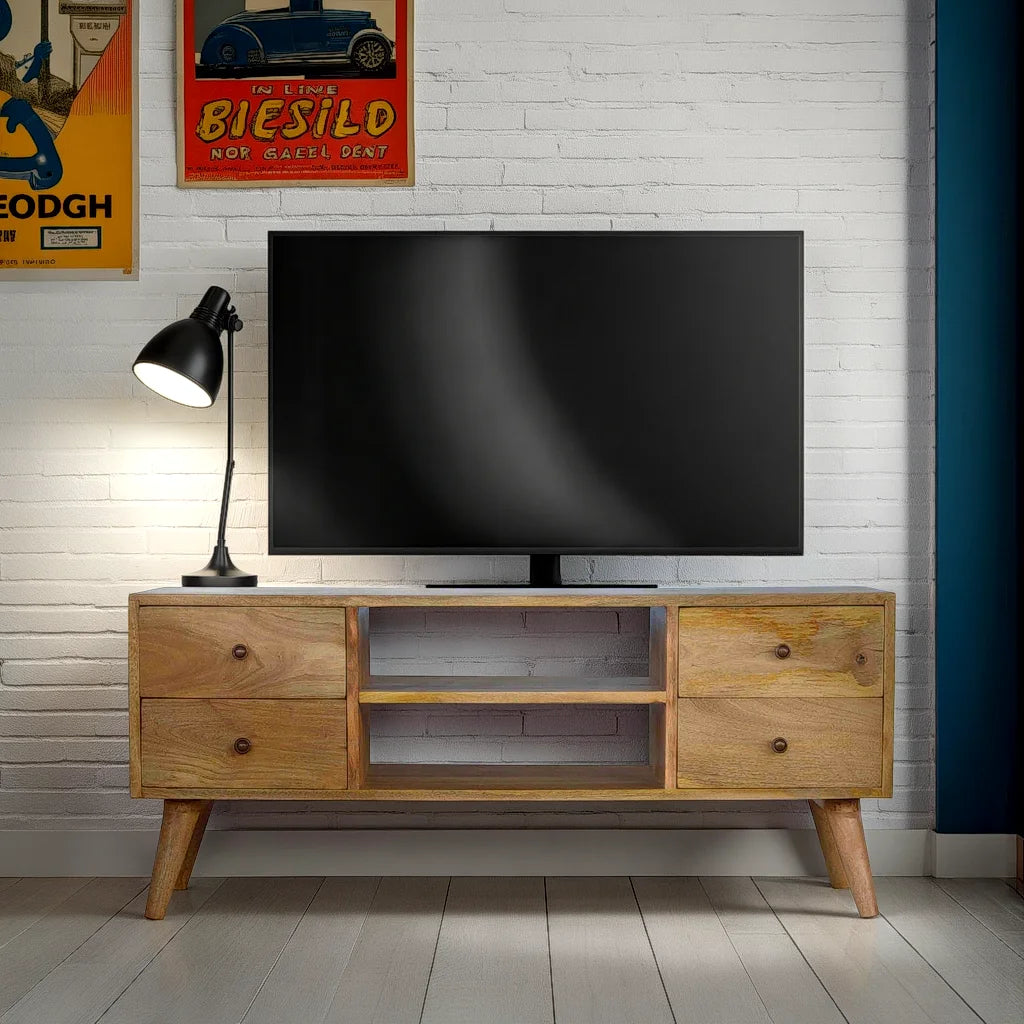 Nordic wooden TV stand with 4 drawers in rustic natural oak-ish finish | malletandplane.com