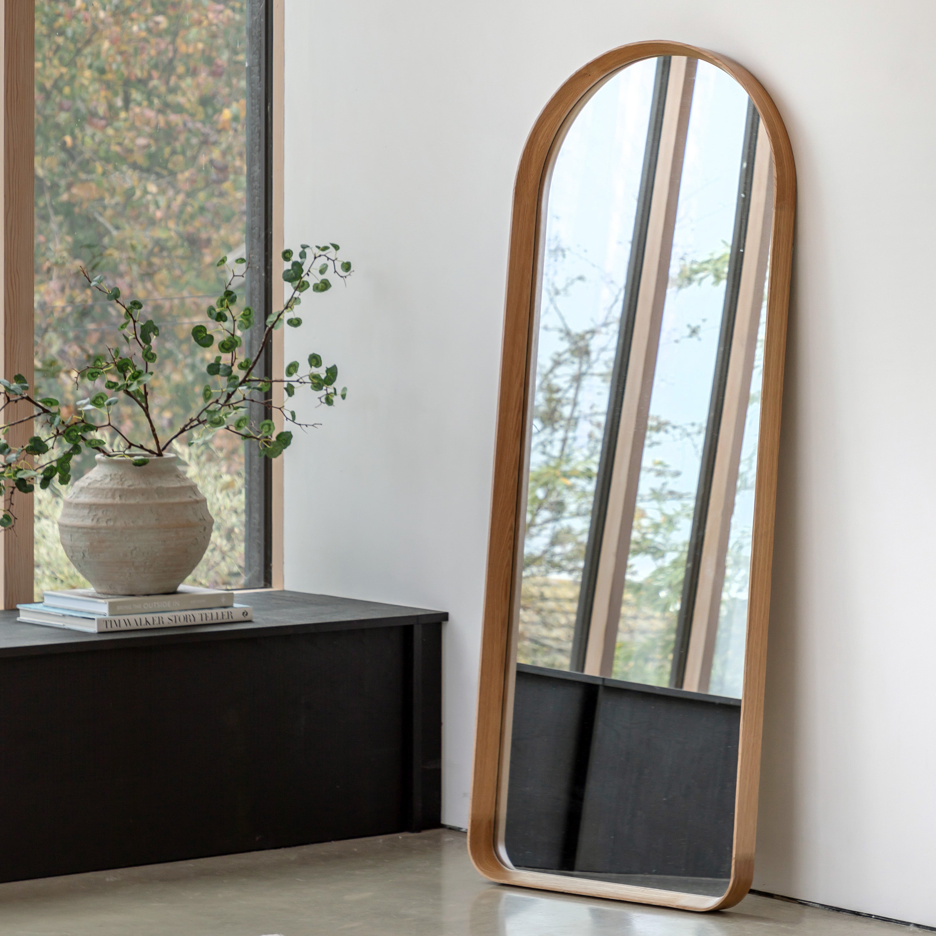 Helsinki Arch Leaner Mirror Oak - detail and lifestyle view 2