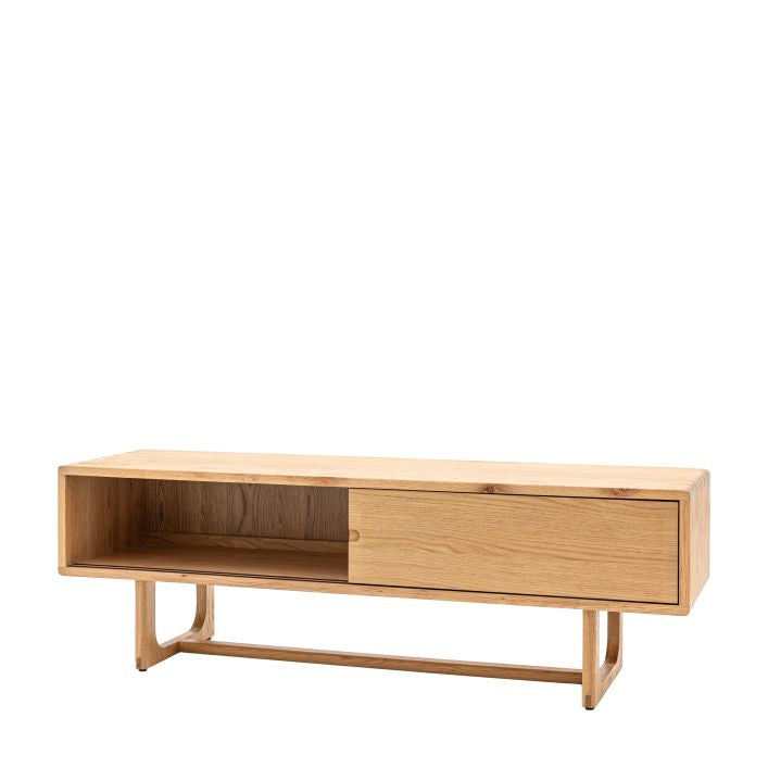 Artisan oak TV stand with 2 sliding doors and featuring cut out handles | malletandplane.com