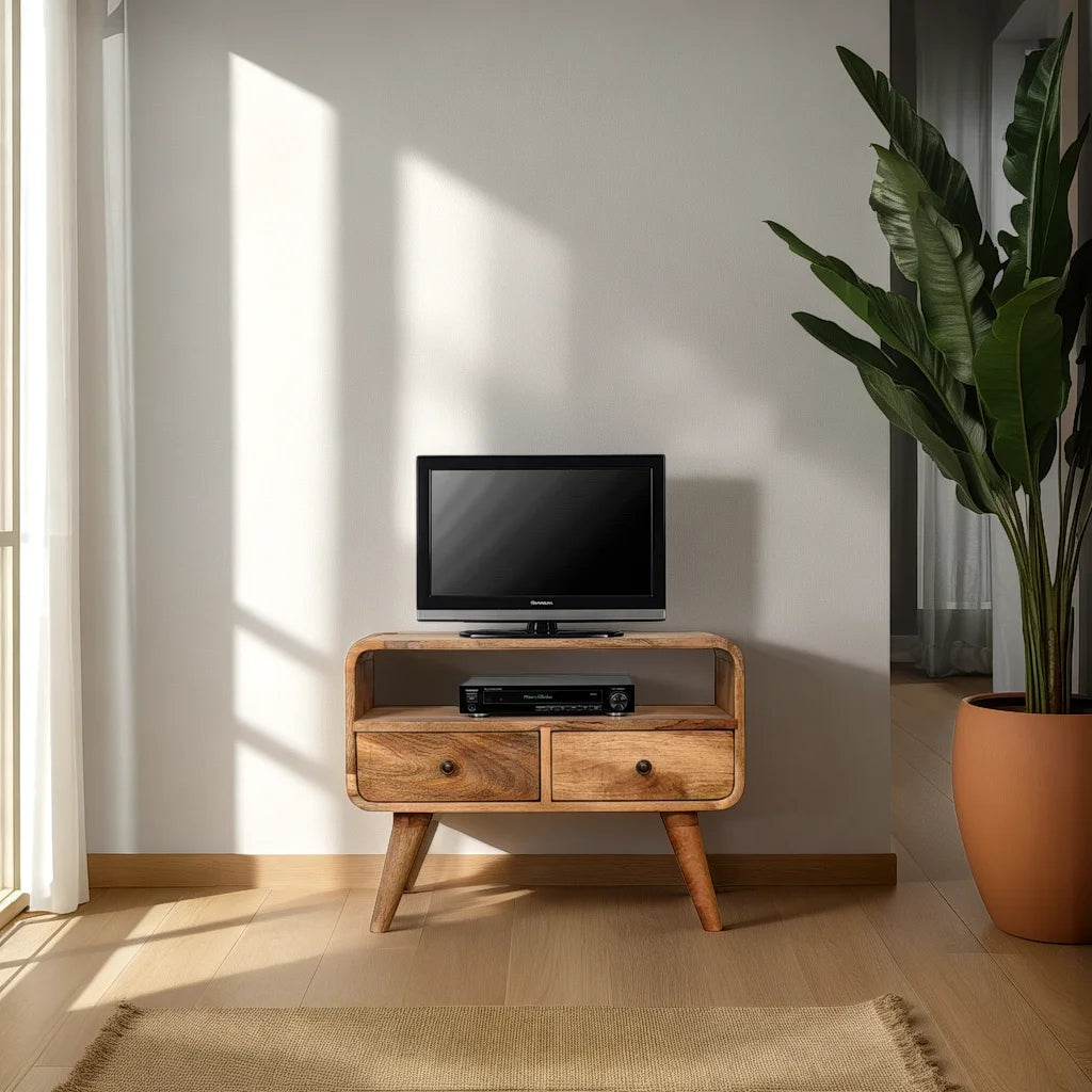 Modal handmade 2 drawer small wooden tv stand in natural oak-ish finish | malletandplane.com