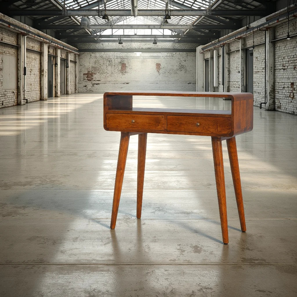 Century Handmade Solid Wood Curved Edge Slim Console Table with Drawers and an Open Storage Shelf in a Deep Chestnut Finish | malletandplane.com