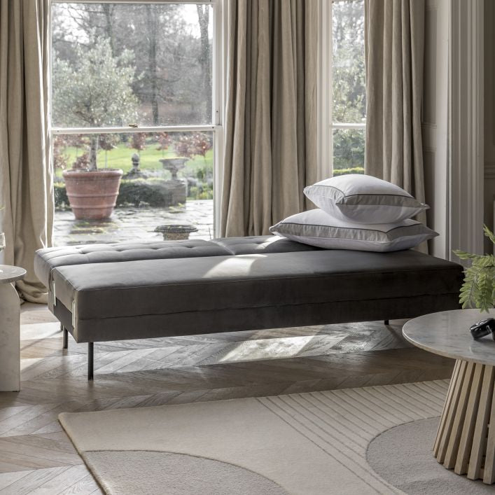 Greg click clack sofa bed with bolster cushions in Grey or Bottle Green fabric upholstery | malletandplane.com