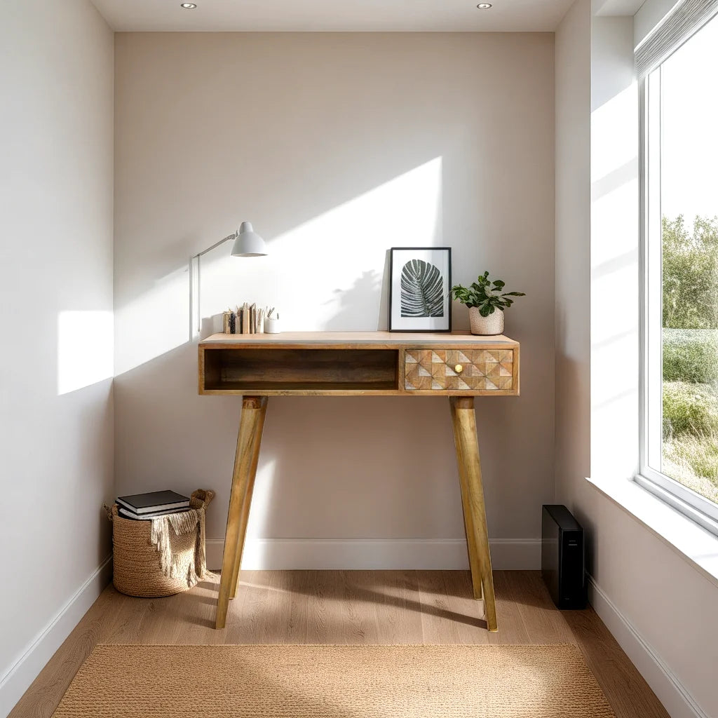 KENYON Handmade Solid Wood Study Desk with Carved Drawer Frontal | malletandplane.com