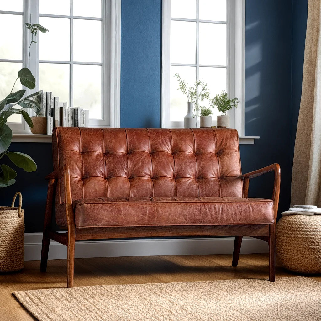 Ronson 2 seat mid-century sofa in vintage brown leather upholstery | MalletandPlane.com