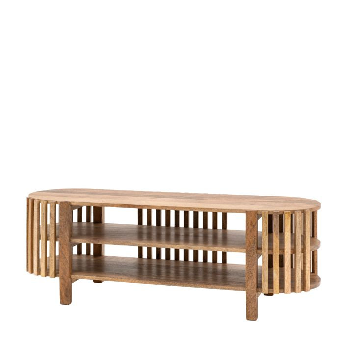 Nelson solid mango wood slatted TV stand with storage | malletandplane.com