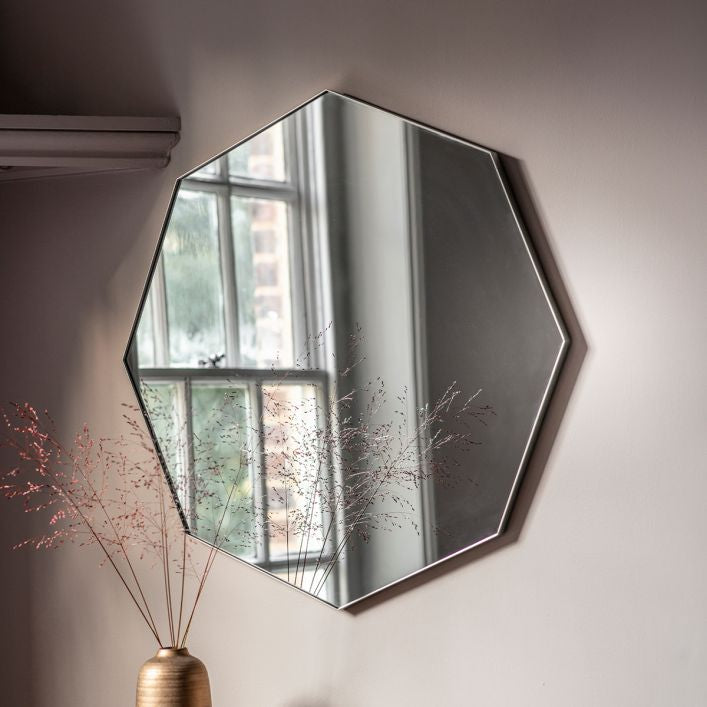 Fitz 800mm Octagonal Wall Mirror with metal frame in black, champagne gold or silver | MalletandPlane.com