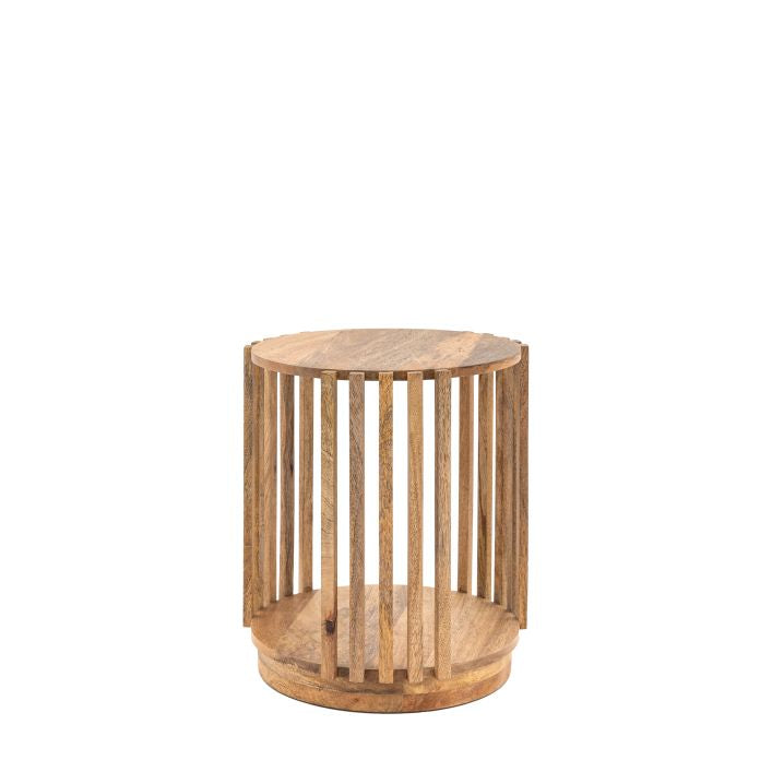 Nelson solid mango wood slatted round side table with storage | malletandplane.com