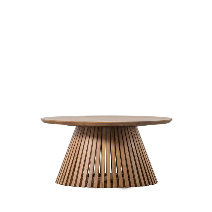 Regan solid acacia wood slatted 800mm round coffee table | malletandplane.com