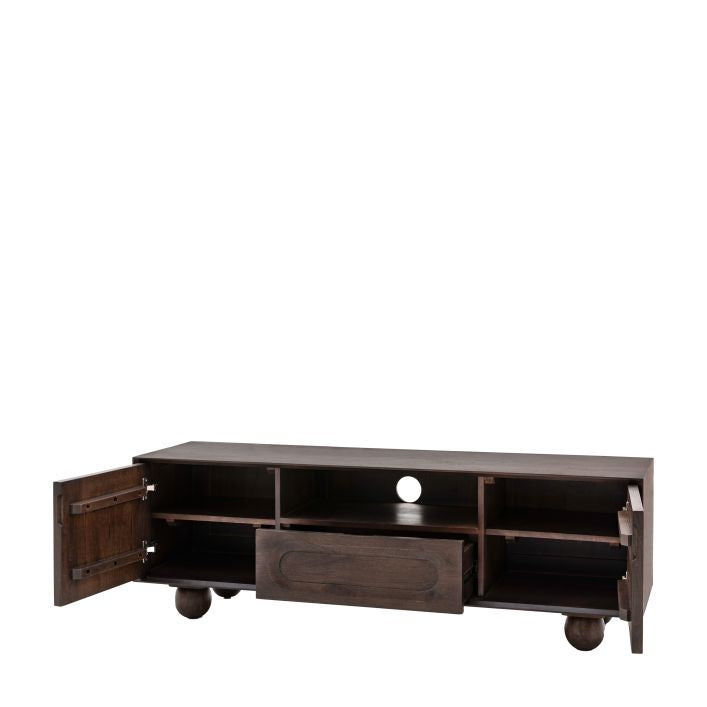 Paolo solid mango wood TV Stand in deep walnut finish | malletandplane.com