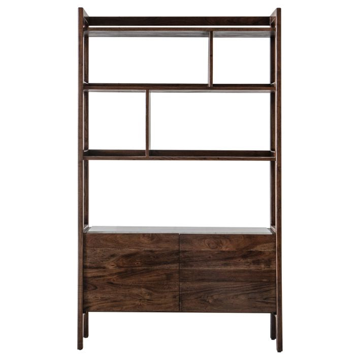 Fresca storage shelves with 2 door cupboard finished in walnut with a white marble panel| malletandplane.com