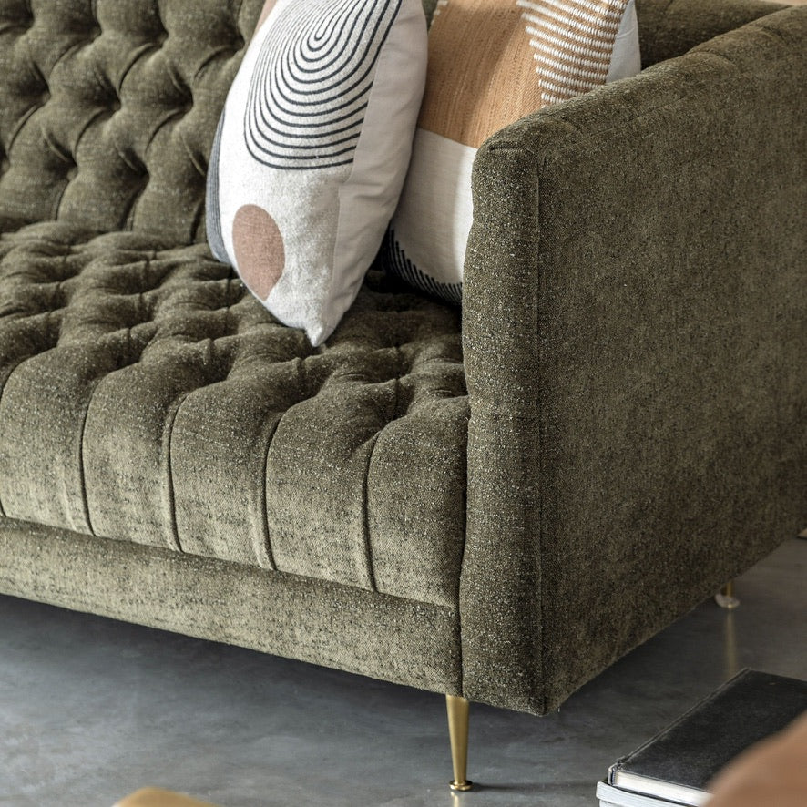 Banbury deep buttoned 3 seat moss green fabric sofa | malletandplane.com