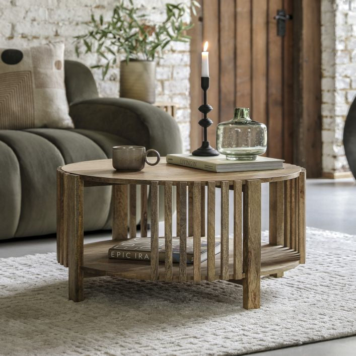 Nelson solid mango wood slatted round coffee table with storage | malletandplane.com