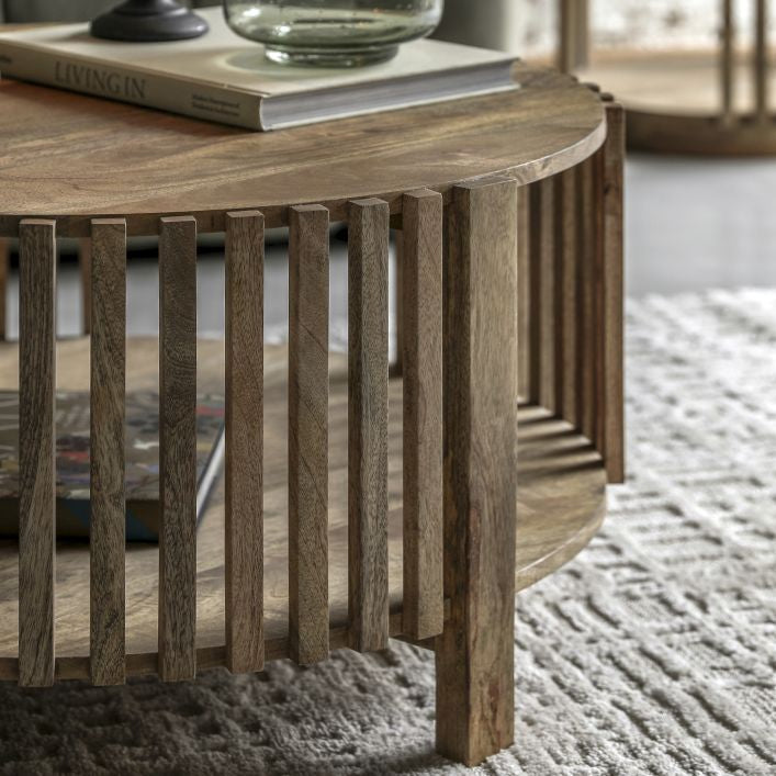 Nelson solid mango wood slatted round coffee table with storage | malletandplane.com